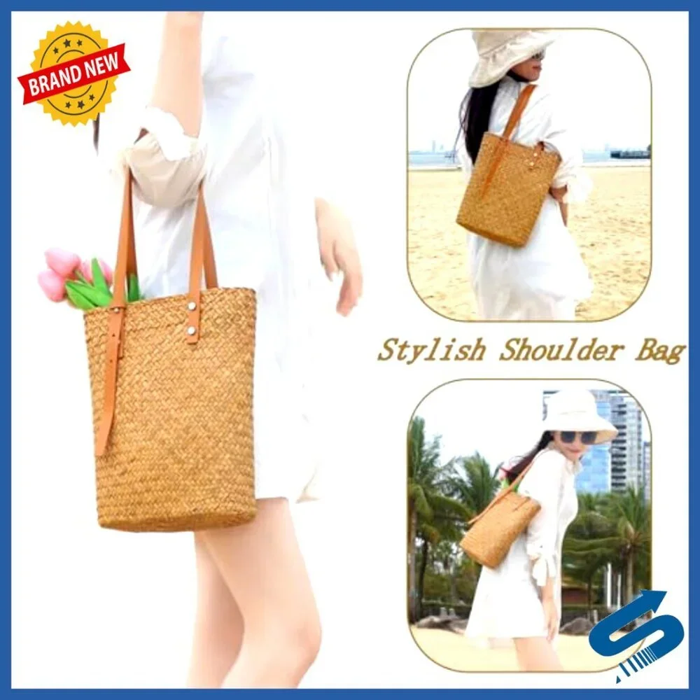 Natural Rattan Woven Tote Bag Handmade Beach Purse Summer Vacation Boho